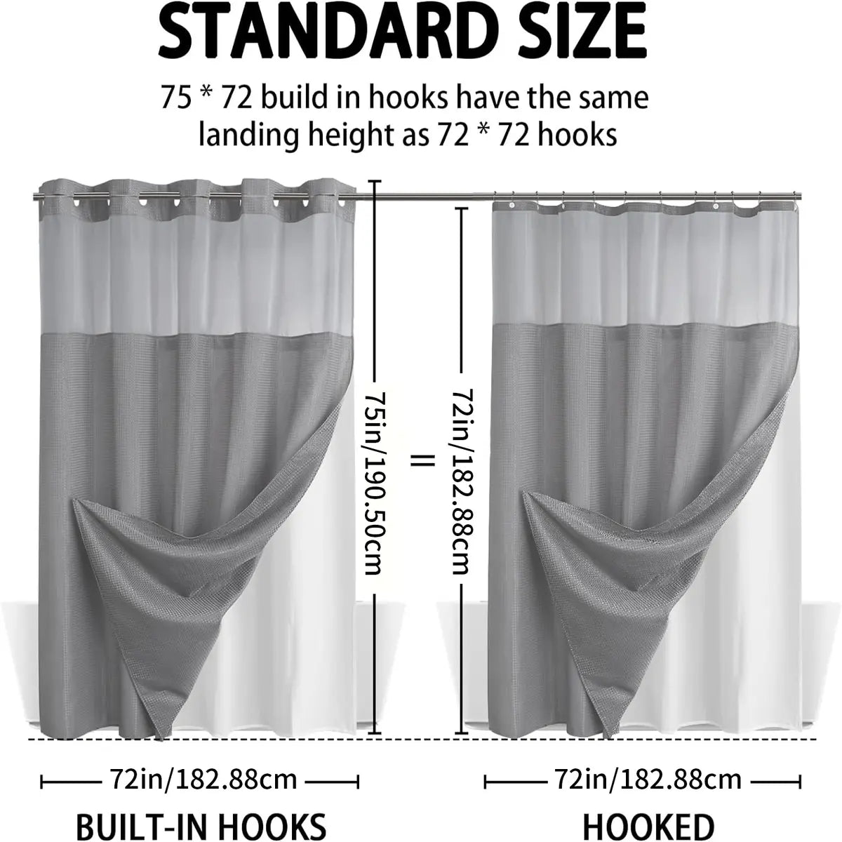 No Hook Shower Curtain with Snap-In Waterproof Liner