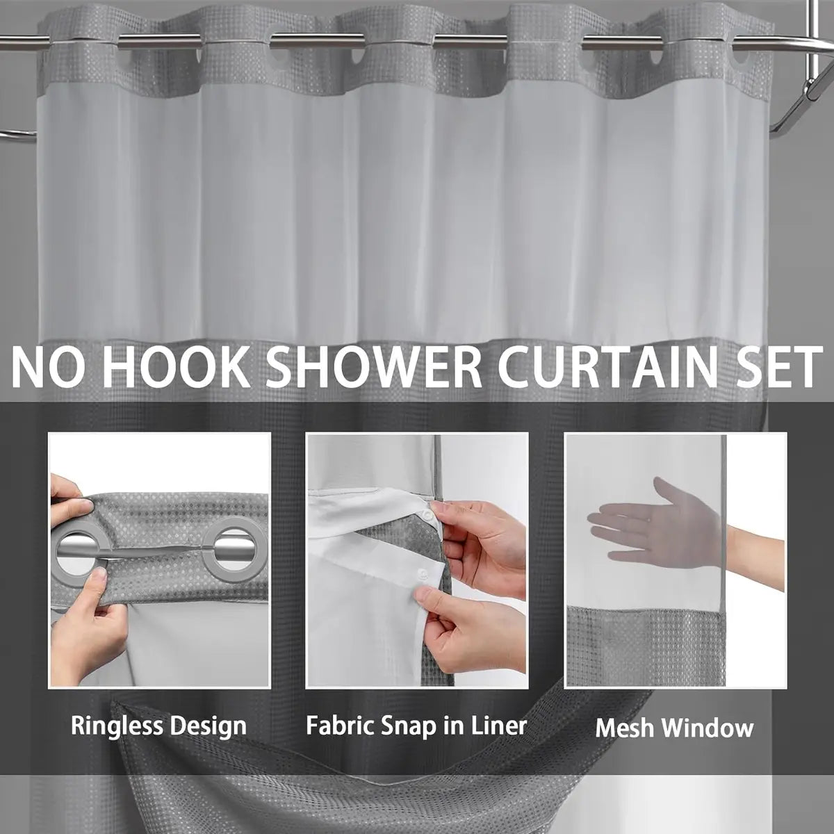 No Hook Shower Curtain with Snap-In Waterproof Liner