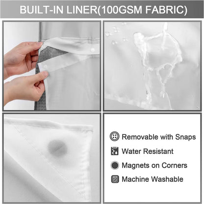No Hook Shower Curtain with Snap-In Waterproof Liner