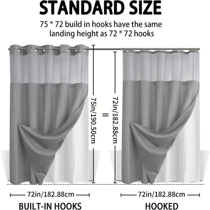No Hook Shower Curtain with Snap-In Waterproof Liner
