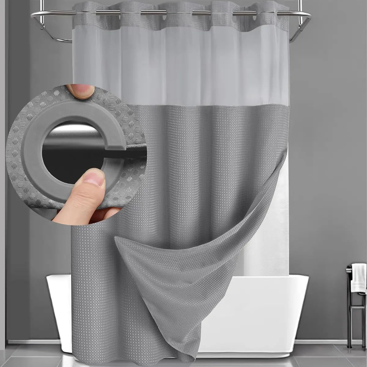 No Hook Shower Curtain with Snap-In Waterproof Liner