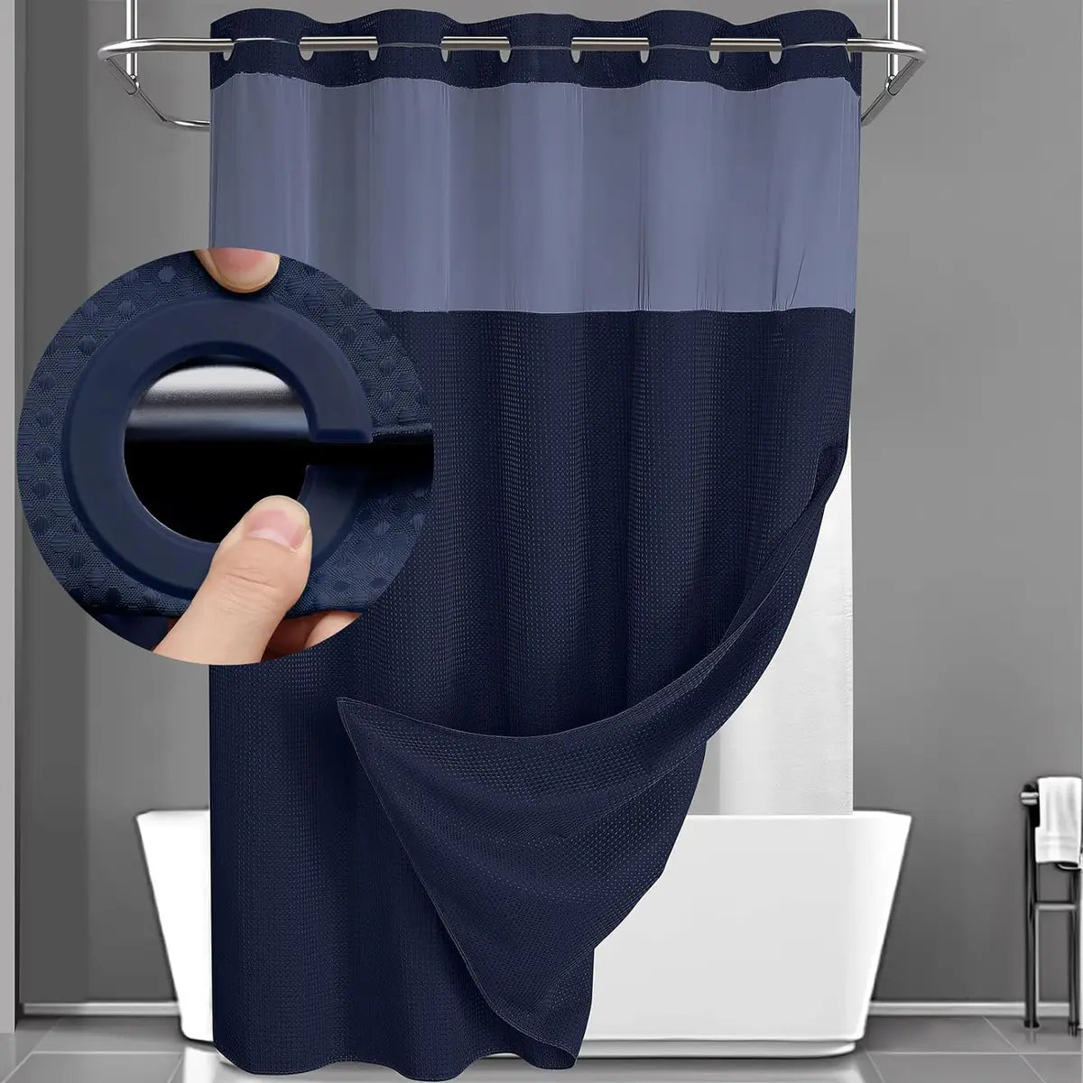 No Hook Shower Curtain with Snap-In Waterproof Liner