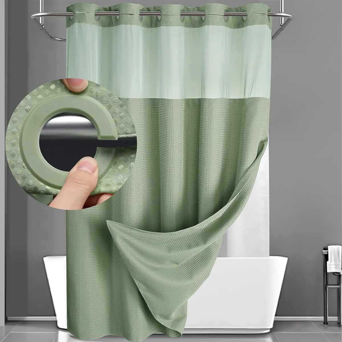 No Hook Shower Curtain with Snap-In Waterproof Liner