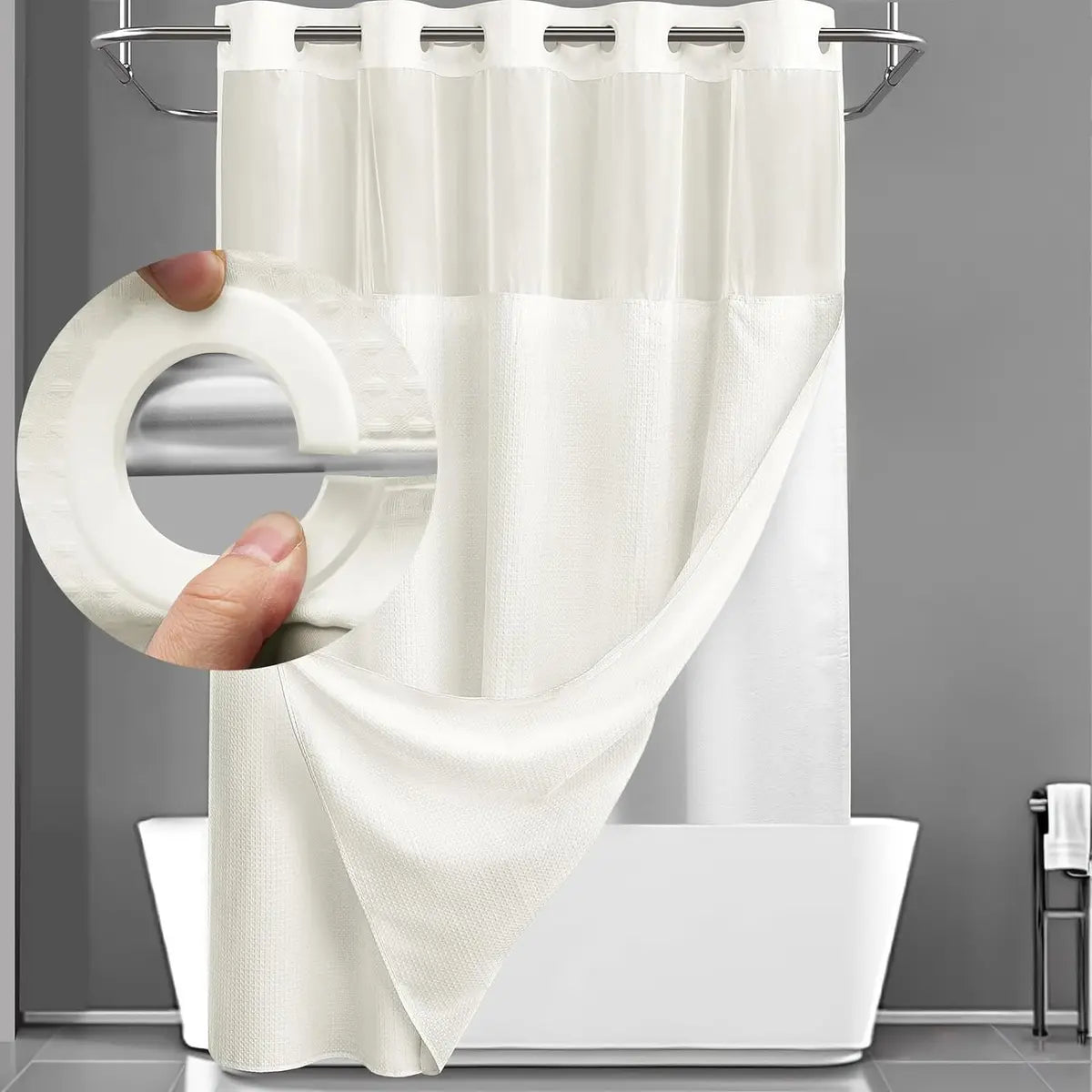 No Hook Shower Curtain with Snap-In Waterproof Liner