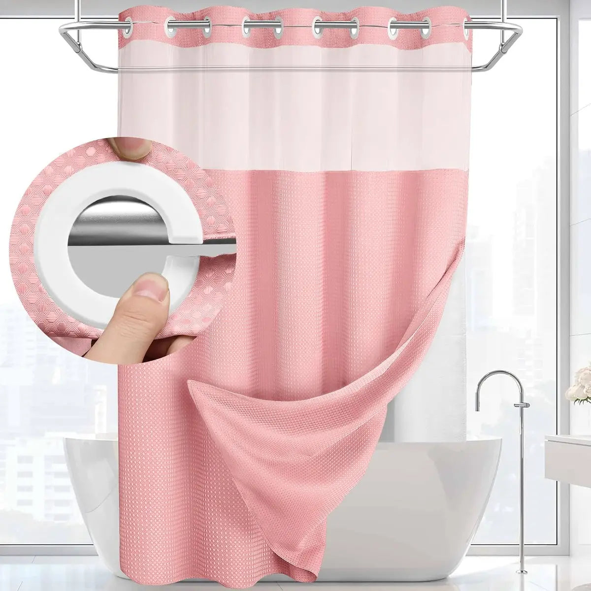 No Hook Shower Curtain with Snap-In Waterproof Liner