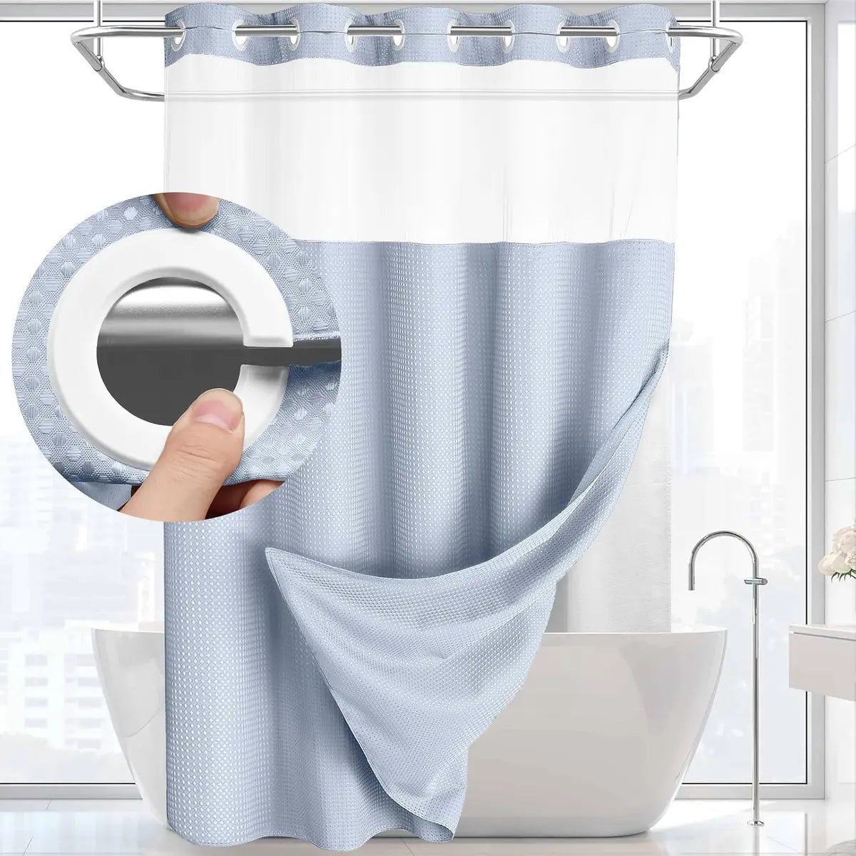 No Hook Shower Curtain with Snap-In Waterproof Liner
